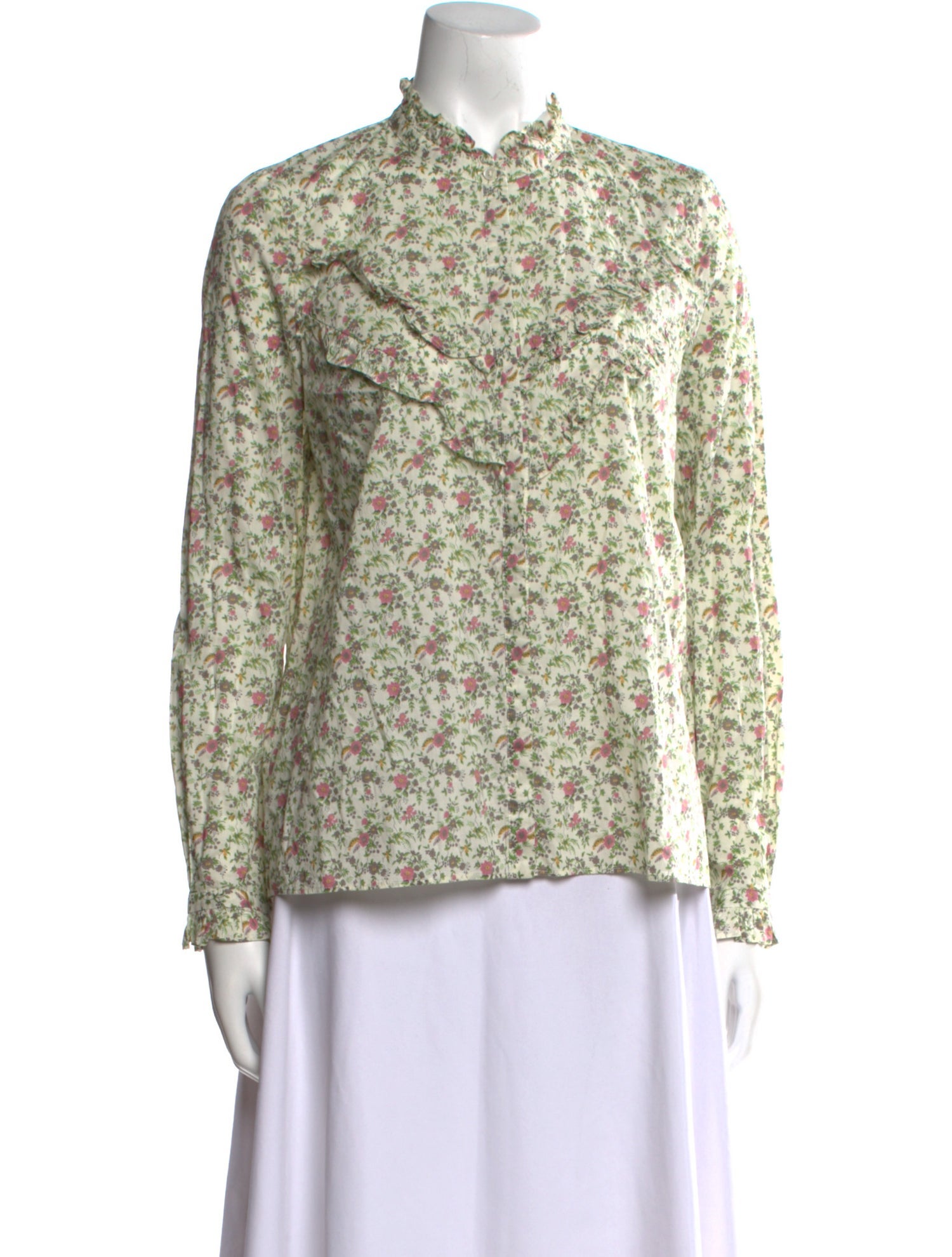 Sézane Floral Print Mock Neck Button-Up Top